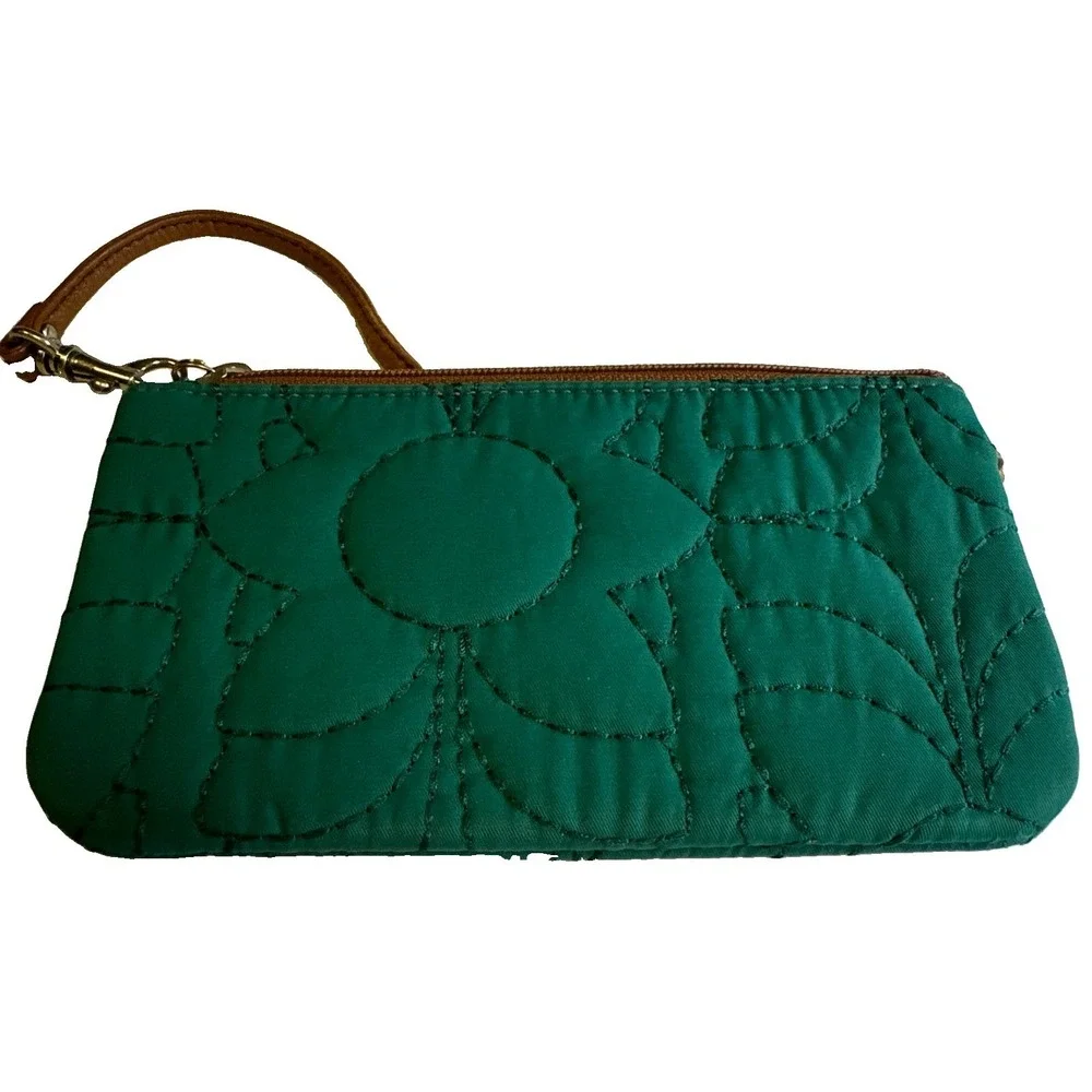 Fossil Key-Per  Teal Quilted Wristlet Leather Trim ID Coin Zip Wallet 4